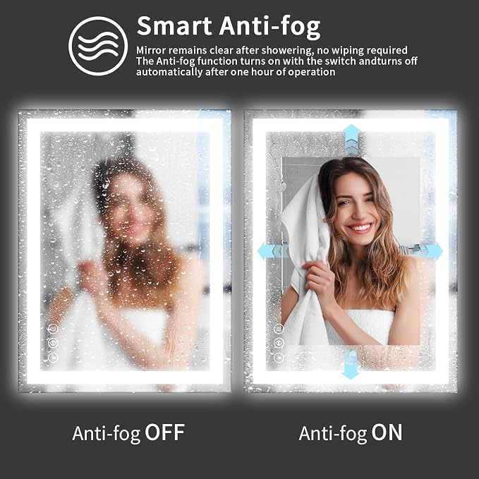 Koonmi 55x30 LED Bathroom Mirror with Light, Anti-Fog, 3 Colors | Backlit + Front Lit, Dimmable Brightness, Shatterproof HD Distortion-Free Tempered Glass, Hardware Included