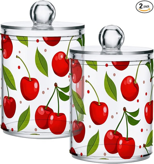 2 Pack Qtip Holder Dispenser for Cotton Ball Cherry Fruits Cotton Swab Round Pads Clear Plastic Acrylic Jar Set Bathroom Canister