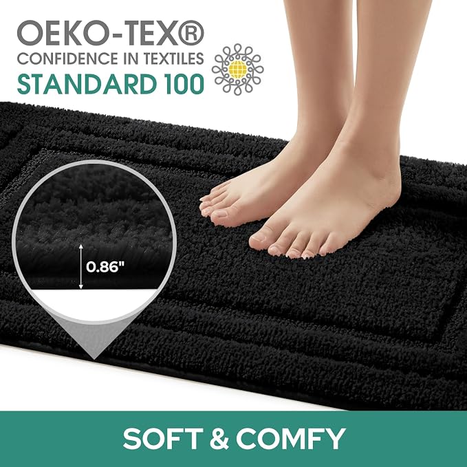 HOMEIDEAS Bathroom Rugs Sets 2 Piece, Super Soft and Absorbent Non Slip Microfiber U-Shaped Toilet Bath Mat Set (20"x32"+U20 x24, Black) | Super Soft and Absorbent Non Slip Microfiber Bath Rug，Machine Washable, for Bathroom, 20"x32"+U Shape 20"x24"