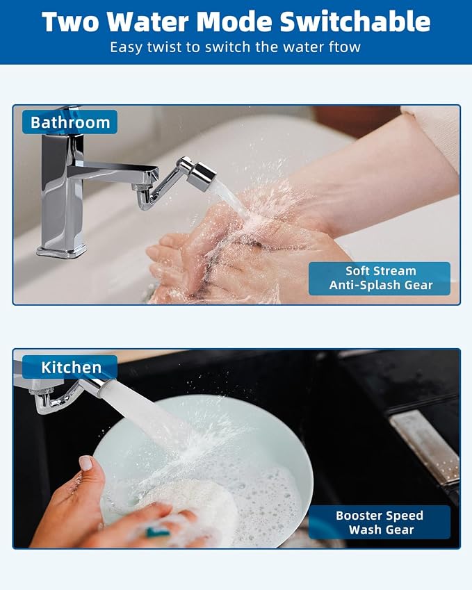 Hibbent 1080° Swivel Faucet Extender, Metal Rotatable Sink Faucet Aerator with Metal Extension, 2 Functions Kitchen & Bathroom Sink Sprayer, Faucet Attachment for Face Washing, Chrome