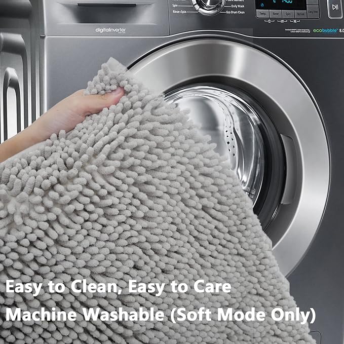 BOANKODU 3 Piece Bathroom Rugs Set, Extra Soft & Shag Chenille Bath Mat, Non-Slip PVC Backing, Machine Washable Absorbent Bath Mats for Bathroom, Toilet Rug, Home Decor (Light Grey)