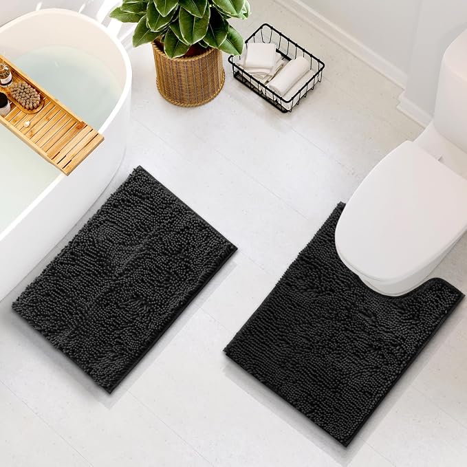 Hearth & Harbor Bathroom Rugs, Chenille Bath Mat - Machine Washable Bath Mats for Bathroom Non-Slip Backing Rubber, Quick Dry Bathroom Mat - Black 17x24-20x24
