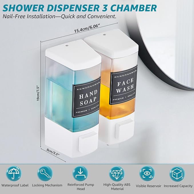 Shampoo and Conditioner Dispenser for Shower, 2 Chamber, White | Clog-Free Pump for Thick Liquids, 16.9oz Large Capacity, No Drill Wall Mounted Compact Design for Small Bathroom