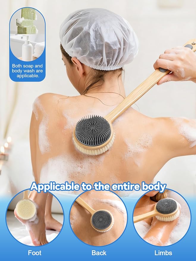 Kalolary Silicone Double-Sided Body Brush with Long Handle, Back Scrubber for Shower Super-Dense Bristles for Deep Cleaning and Massage, Wider Anti-Slip Grip Exfoliator for Wet or Dry Use
