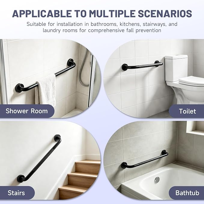 24 Inch Black Shower Grab Bar, XIANTHUS 1.25" Dia Anti Slip Safety Bars, 304 Stainless Steel Bathroom Handicap Grab Bars Handrail for Wall, Shower Grip Handle for Seniors Elderly Injury Assist Bath