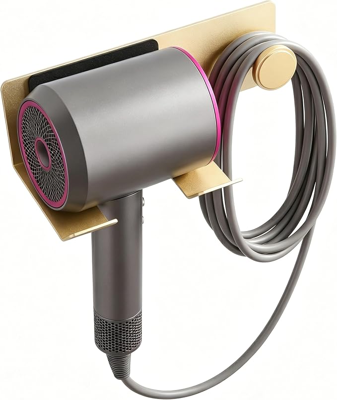 BVL Brushed Gold Hair Dryer Holder Wall Mount, Aluminum Blow Dryer Rack with Anti-Scratch Pad, Adhesive Pad & Screws Included, Renter Friendly Bathroom Organizer