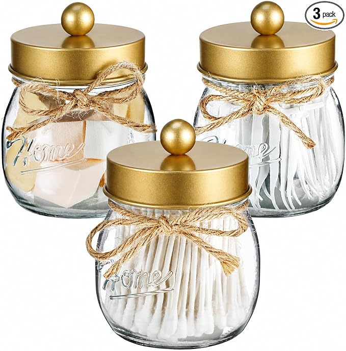 SheeChung 3Pack Warm Golden Undertones Bathroom Decor, Cotton Swab Holders, Bathroom Container Set, Restroom Decor for Cotton Round Pads, Balls, Floss Pick - Brushed Gold