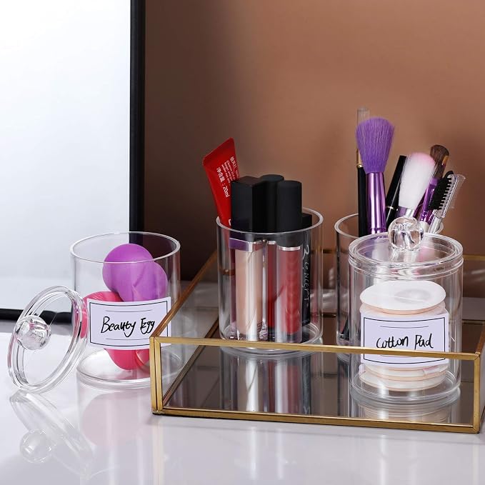 4 Pcs Acrylic Qtip Holder Dispenser for Cotton Swabs, Balls, Floss Picks | Thick, Highly Clear, w/ Labels - Small Canister Apothecary Jar Set, Bathroom Decor Essentials, Shelf Vanity Storage Organizer
