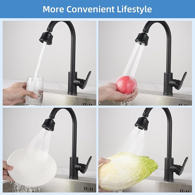 Hygie Rinse Kitchen Sink Faucet Head Replacement, 4 Spray Faucet Sprayer Attachment with Big Angle Swivel, 55/64-27UNS Famale Thread, Male Thread Adapter Included, Matteblack