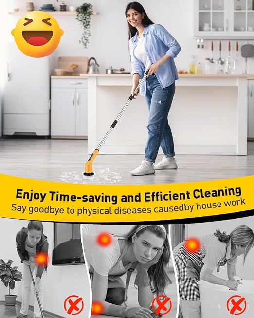 Electric Spin Scrubber for Bathroom, Shower Scrubber with Long Handle | Shower Cleaner Brushes, IPX7 Waterproof & 2 Speed, 3 Brush Heads, 90min Runtime, Bathroom Cleaning Supplies for Toilet Tub