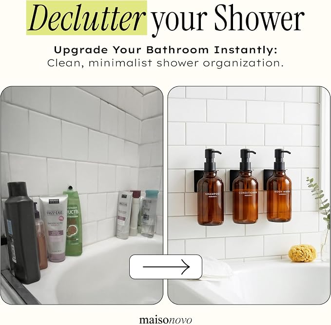 Shampoo and Conditioner Dispenser Wall Mounted Set of 3 Amber Black - No Drill Shower Soap Dispenser for Bathroom Refillable - Spa Hotel Style Accessories by MaisoNovo | No Drill Wall Mount - Shower Soap Dispenser · Holds Body Wash or Hand Soap · Wall ...