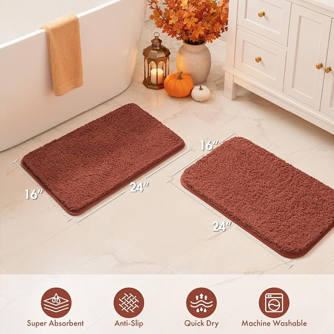 MIULEE Fall Rust Bathroom Rugs Set 2 Piece Small Soft Bath Mats 16x24 Inch | Soft Absorbent Microfiber Bath Rugs, Non Slip, Quick Dry, Fluffy Bath Rugs for Bathroom Floor Tub Showers, Machine Washable