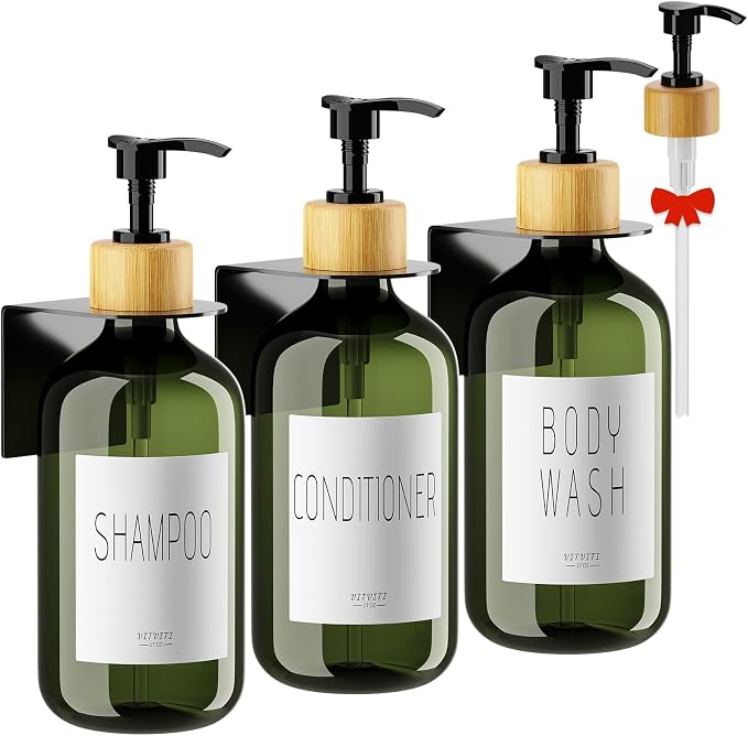VITVITI Shampoo and Conditioner Dispenser 3 Chamber Shower Wall, Dark Green | Refillable Body Wash Shower Soap Dispenser Wall Mounted, Drill Free 17oz Plastic Shower Bottles for Bathroom, 3 Sets