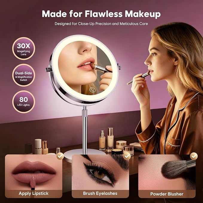 30X Makeup Mirror with Lights, Brightness Adjustable with 3 Colors, Double Sided Magnifying Mirror with 360° Rotation, Lighted Makeup Mirror with Magnification, Ideal Gift for Women -Nickel