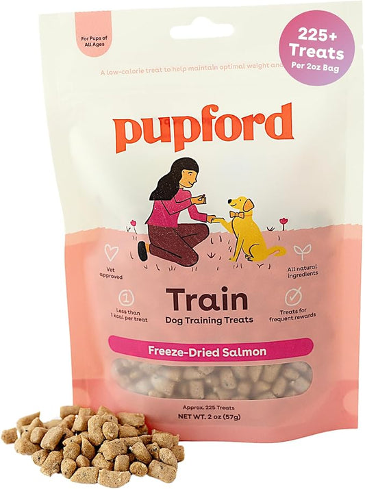 Pupford Freeze Dried Training Treats for Dogs & Puppies (Salmon, 2 oz) | 225+ treats per bag, Ultra low-calorie, Only 2 ingredients, All breed sizes, Mess free and bite sized, Trainer recommended