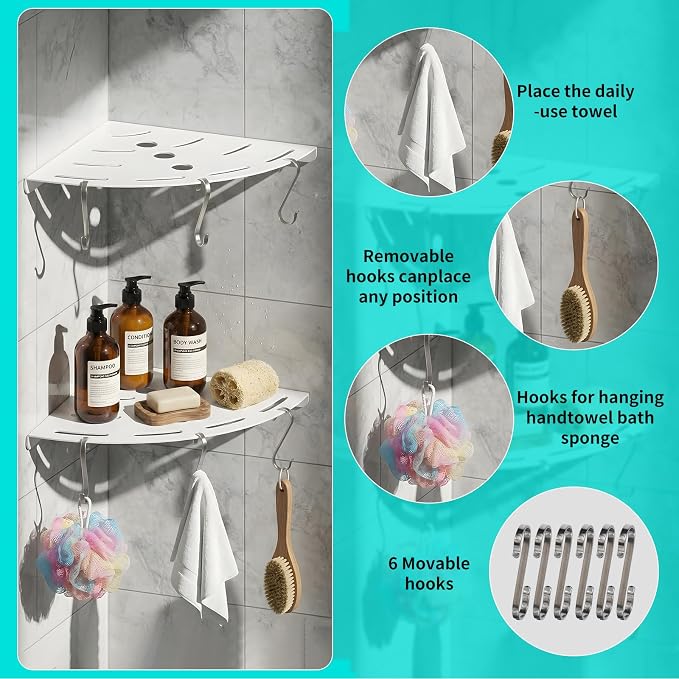 2 Pack Corner Shower Shelves, 304 Stainless Steel Corner Shelf Bathroom with 6 Hooks 40 lbs Heavy Duty, Durable for Inside Shower Brushed Nickel Drilling Installation（White