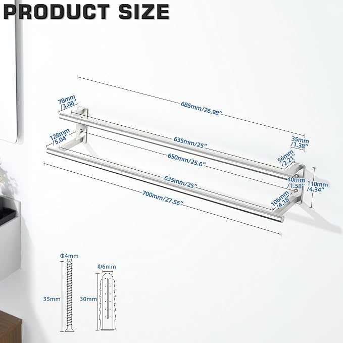 Alise Bathroom Double Towel Bars 28'',Wall Mount Towel Holder Towel Racks for Bathroom Labatory,SUS304 Stainless Steel Towel Hanger Towel Rails,Brushed Nickel
