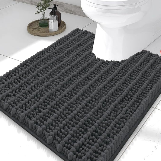Smiry Bathroom Toilet Rugs U Shaped 24X20, Chenille Bath mats for Toilet | Dark Grey Extra Soft Absorbent Non Slip Rubber Backing Contour Bath Rugs for Toilet, Machine Washable Contoured Bath Mats