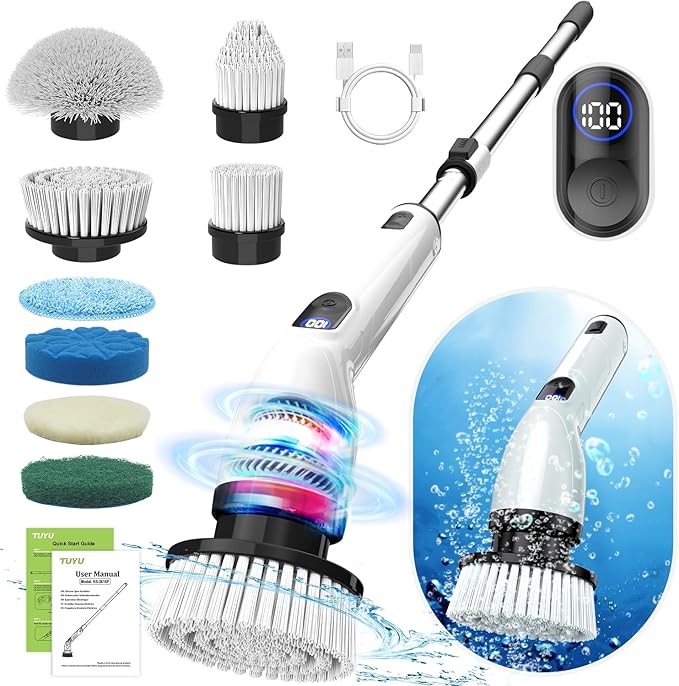 Electric Spin Scrubber,8 Replaceable Brush Heads for Home | IPX7 waterproof power scrubber with LCD display, multi heads, extendable handle, 90min runtime for bathroom kitchen glass car