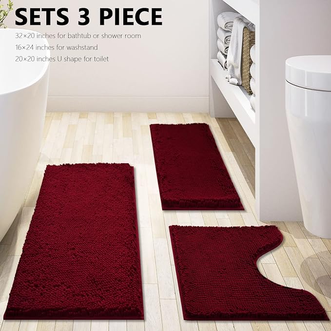 Bathroom Rugs Chenille 3-Piece Extra Soft and Absorbent Shag Bathroom Rugs, Machine Wash Mat, Strong PVC Non-Slip Underside, Plush Carpet Mats (Burgundy)