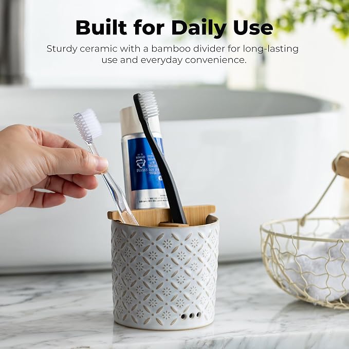 Zoeeker Toothbrush Holders, Ceramic Electric Toothbrush & Toothpaste Holder | Detachable 3 Slots Tooth Brush Cup with Drain Holes & Bamboo Divider, Makeup Brush Storage Holder for Bathroom, Family, Kids