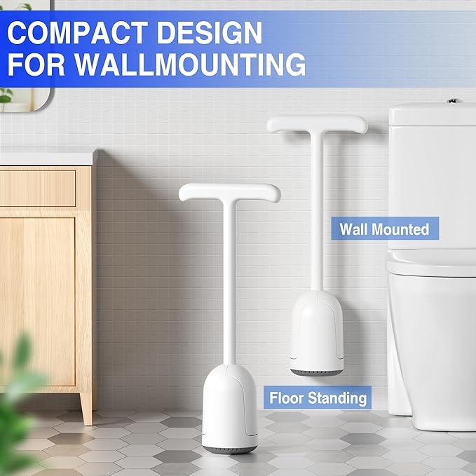 Upgraded Toilet Plunger with Holder, Wall Mounted Toilet Bowl Plunger with Hideaway Caddy, Dual Handle Plunger for Bathroom Built-in Drip Tray