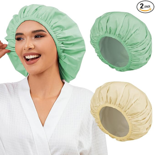 2 Pack Shower Caps for Women, Reusable Waterproof Shower Cap with Elastic Band, Thickened Waterproof Fabric Shower Bonnet for Braids, Long Hair