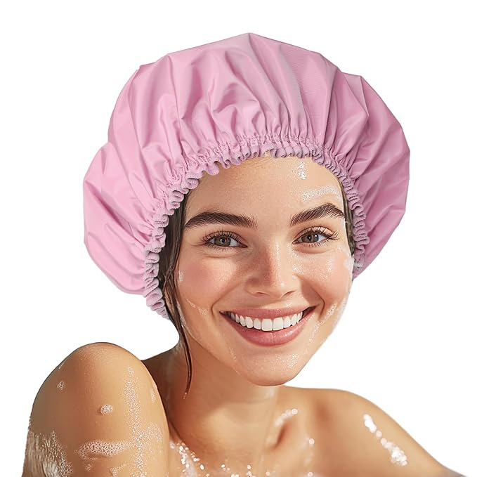Shower Cap for Women, Large Waterproof Shower Bonnet | Double Layer, Reusable Hair Protector, Washable Large Bath Cap, Wide Elastic Band, for Long Hair, Braids - Purple
