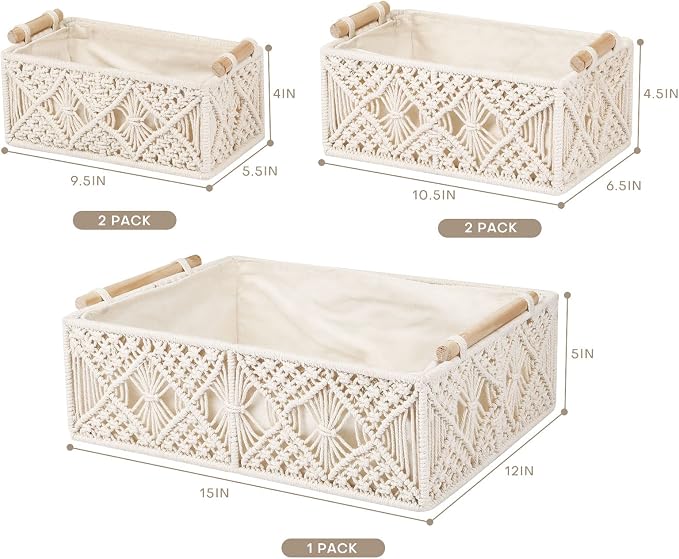 ANMINY 5PCS Macrame Storage Baskets for Organizing Boho Decor Baskets Storage Bins with Wood Handles Handmade Decorative Storage Boxes with Removable Liner Toilet Tank Bathroom Self Basket Organizer