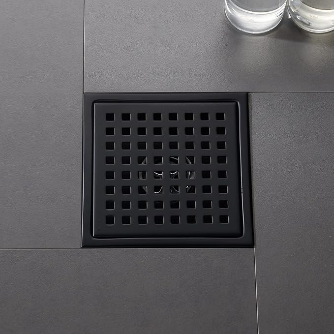 6 Inch Shower Drain Black Matte with Adjustable Shower Drain Base Flange SUS304 Stainless Steel Floor Drain Cover Removable Mesh Grille