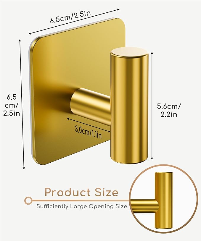 Aikzik 4 Pack Large Heavy Duty Wall Hooks - 26lb Max, Stainless Steel Adhesive Towel Hook, Shower Hooks for Hanging Towel, Coat, Robe, Wall Hook for Use in Bathroom, Kitchen and Door, Gold