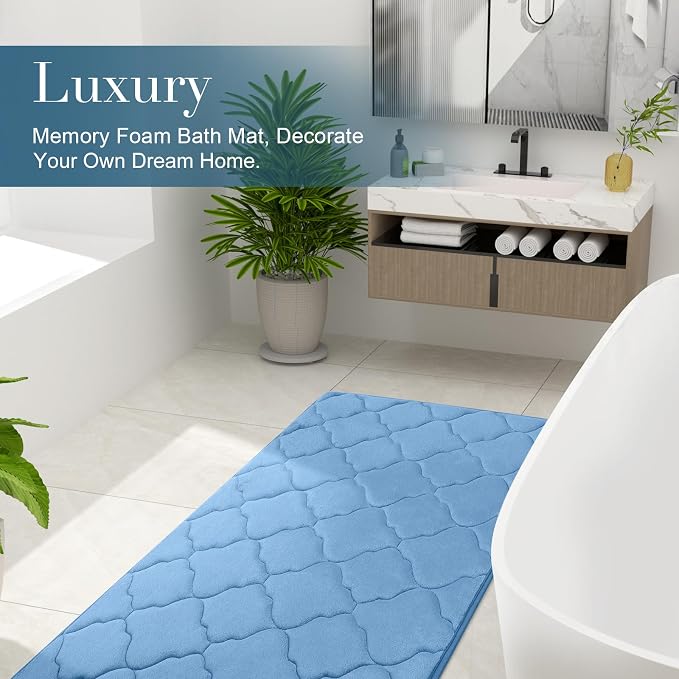 OLANLY Memory Foam Bath Mat Rug 36x24, Ultra Soft Bathroom Rugs, Blue | Thick Absorbent Carpet, Non-Slip Backing, Machine Washable, for Bathroom Floor, Tub, Shower and Home Decor Accessories