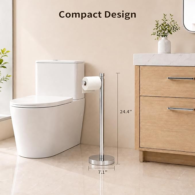 Toilet Paper Holder Stand with Weighted Base, Chrome | Stainless Steel Design with Open-Arm Access for Bathrooms and Powder Rooms