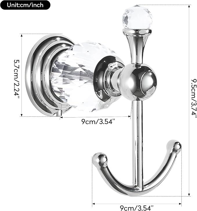 WINCASE Crystal Towel Hook Chrome, Bath Robe Hook, Silver Bathroom Wall Hooks Double for Coats Wall Mounted Modern Style