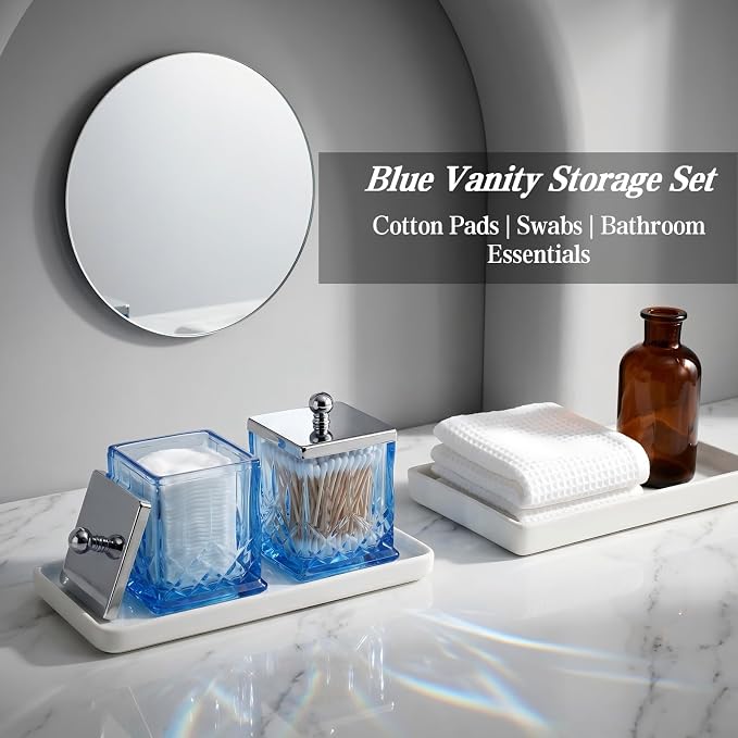 2 Pack Glass Qtip Holder Dispenser Set, Square Bathroom Apothecary Jars with Silver Lid for Cotton Swabs, Balls, Pads, Floss Picks, Vanity Storage Container for Makeup, Candy, Jewelry(15 Oz, Blue)