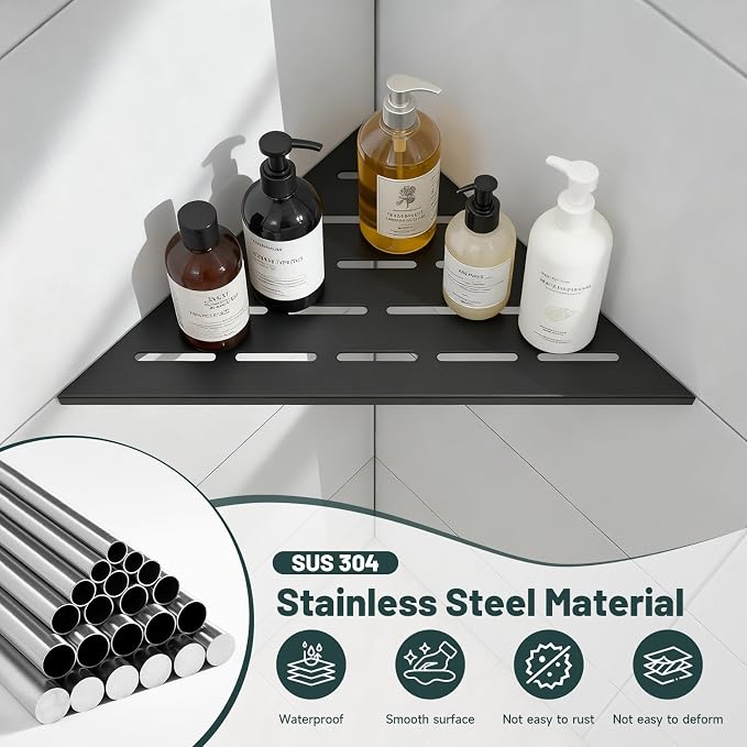 10" Corner Shower Shelf, 304 Stainless Steel Slot Design Bathroom Shower Shelf, Recessed Corner Shelves for Tiled Wall, Matte Black, 2 Pack