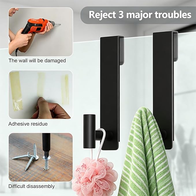 HUFEEOH Shower Towel Hooks, 7.5-Inch Extended Over Glass Shower Door Hanger for Towels & Robes, Rustproof Bathroom Towel Rack, 2-Pack (Black, T Shape)