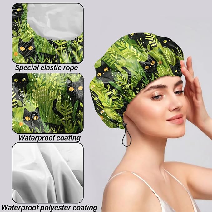 2 PCS Shower Cap Reusable Waterproof Double Layers Hair Caps Shower Bath Adjustable Elastic Hat for Women Girls Cute Aesthetic-Black Cat