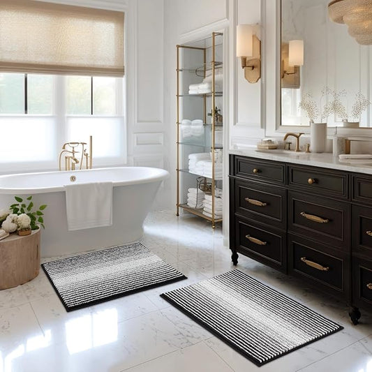 BSICPRO Bathroom Rugs Sets 2 Piece, Non Slip Striped Bath Mats, Black | 20"x32" Plus 16"x24", Soft Absorbent Chenille, Quick Dry Machine Washable, Shower Rug for Bathroom Floor, Tub, Bedroom Decor