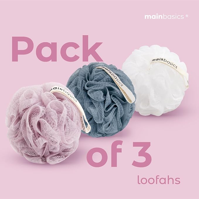 MainBasics Shower Loofah Sponge Pouf, Set of 3, Airy Blossom | Soft Mesh Body Scrubber and Bath Sponge for Gentle Exfoliation, Rich Lather, and Everyday Shower Use