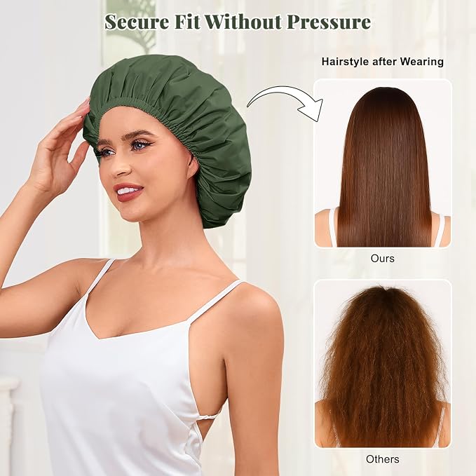 Shower Cap for Women Waterproof Reusable, Large Shower Cap Non-Slip with Elastic Band, Washable Bath Hair Hat for Long Hair, Braids (Dark Green)