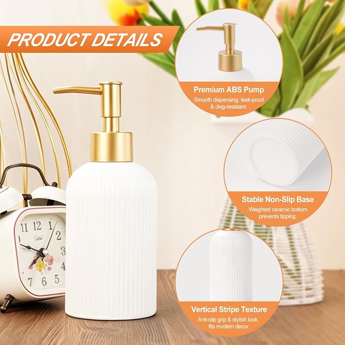 RETON 3 PCS Ceramic Bathroom Accessories Set with Natural Bamboo Tray-White | Included Hand Soap Dispenser, Toothbrush Cup and Bamboo Tray, Fits Bathroom Countertop, Bath Countertop Decor Organizer