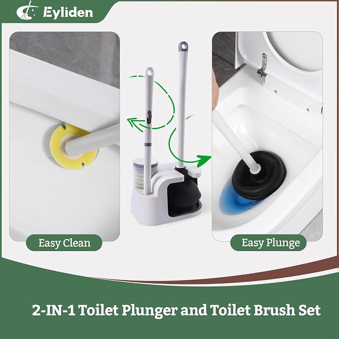Eyliden Toilet Brush and Plunger Set, Disposable Wand Kit with 10 Refills | Pre-Soaked Concentrated Cleaner Sponge, Touch-Free, 2-in-1 Compact Holder, Powerful Suction Cup, Bathroom Cleaning System