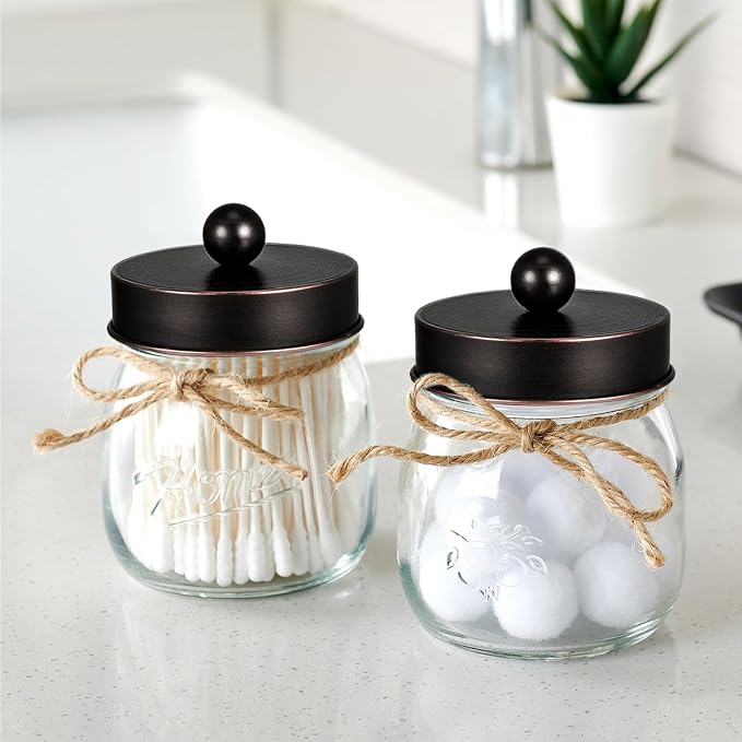 SheeChung Small Glass Mason Jar Qtip Holder with ORB Stainless Steel Lid | Clear Apothecary Jar Canisters Set,Bathroom Jar Dispenser,Vanity Storage Organizer for Cotton Swab,Ball,Floss,Farmhouse Decor