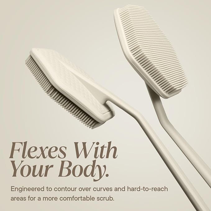 TOOLETRIES Silicone Back Scrubber with Hook, Exfoliating Body & Bath Brush, Long Ergonomic Handle, Non-Slip Grip for Hard-to-Reach Areas, Hygienic Silicone Bath Accessory for Men & Women - Sand