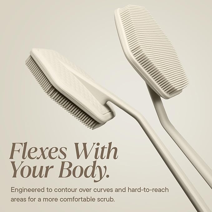 TOOLETRIES Silicone Back Scrubber for Shower, Exfoliating Body & Bath Brush, Long Ergonomic Handle, Non-Slip Grip for Hard-to-Reach Areas, Hygienic Silicone Bath Accessory for Men & Women - Sand