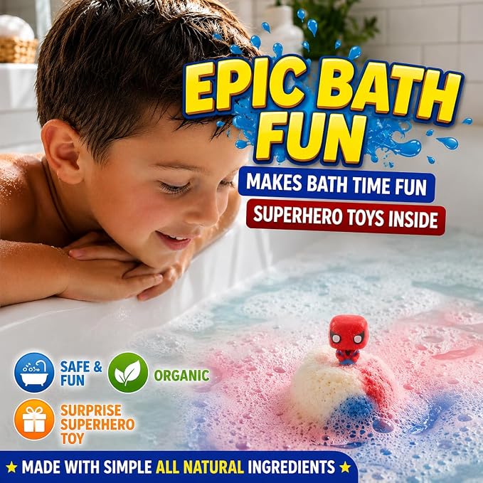 EvolutionUSA 6pc Epic Superhero Bath Bombs for Kids – Childrens Super Hero Bath Bombs Toy Inside, Organic Bathbomb with Surprise, Superhero Bath Fizzers, Fun Bathbombs Easter, Christmas, Birthday