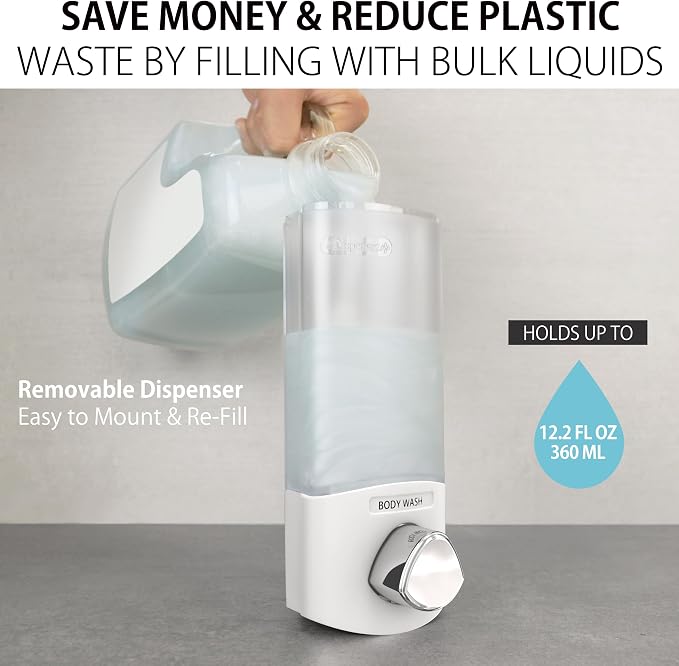 Better Living 76154-1 Products EURO, 1-Chamber, White | 1 Chamber, Soap and Sanitizer Dispenser Pump, Corner or Flat Wall Installation, No Drill Adhesive