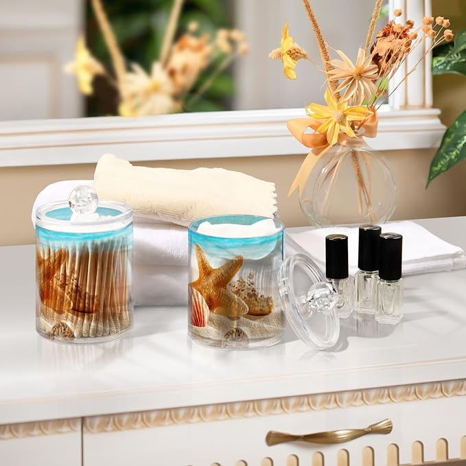 ALAZA 4 Pack Qtip Holder Dispenser Beach Starfish Ocean 2 Cotton Ball Cotton Swab Round Pads Floss Clear Bathroom Storage Containers Plastic Apothecary Jars with Lids
