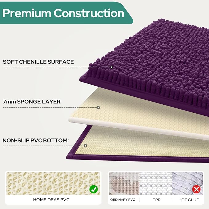 HOMEIDEAS 3 Pieces Dark Purple Bathroom Rugs Set, Ultra Soft Non Slip Bath Rug and Absorbent Chenille Bath Mat, Includes U-Shaped Contour Rug, Bath Mat and Toilet Lid Cover, Perfect for Bathroom Floor